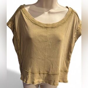 Anthropologie Pilcro Raw Seam Ribbed Top Tan Boxy Cropped Tee Relaxed Fit Size M